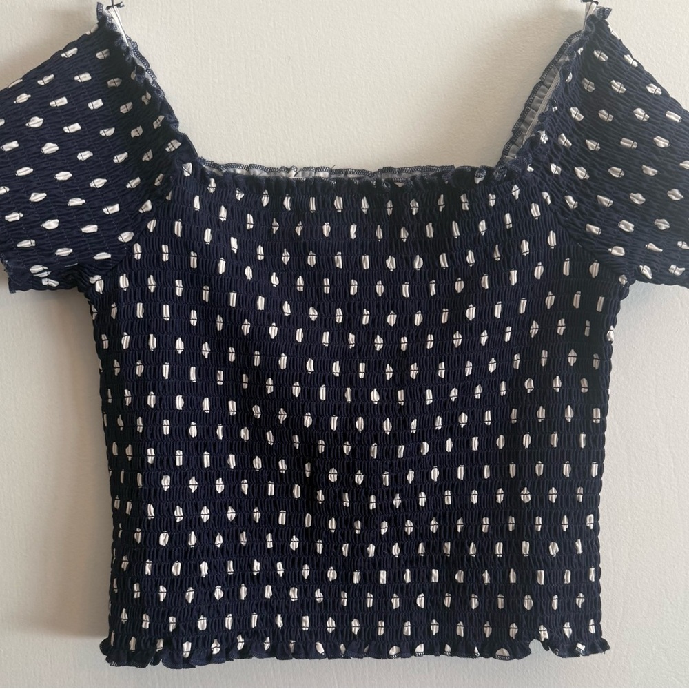 ROW A Size Large Polka Dot Smocked Navy Blue Off The Shoulder Crop Top
